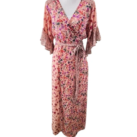 Lovestitch Priscilla Mauve Floral Flowy Wrap Maxi Dress Flutter Slvs Tie Belt LG - Picture 2 of 15